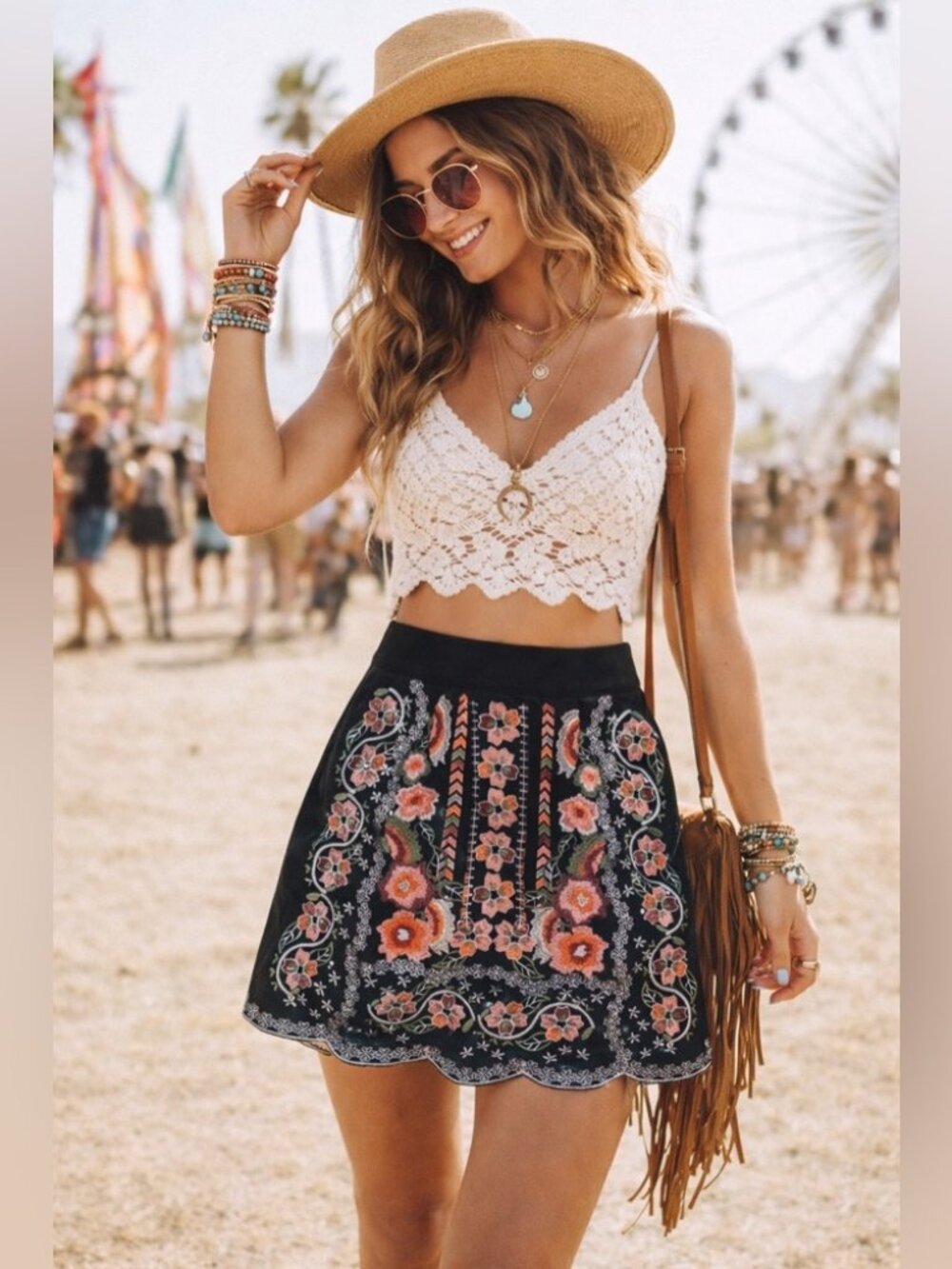 THML Embroidered Mini Skirt Boho Floral A-Line Summer Festival Faux Suede